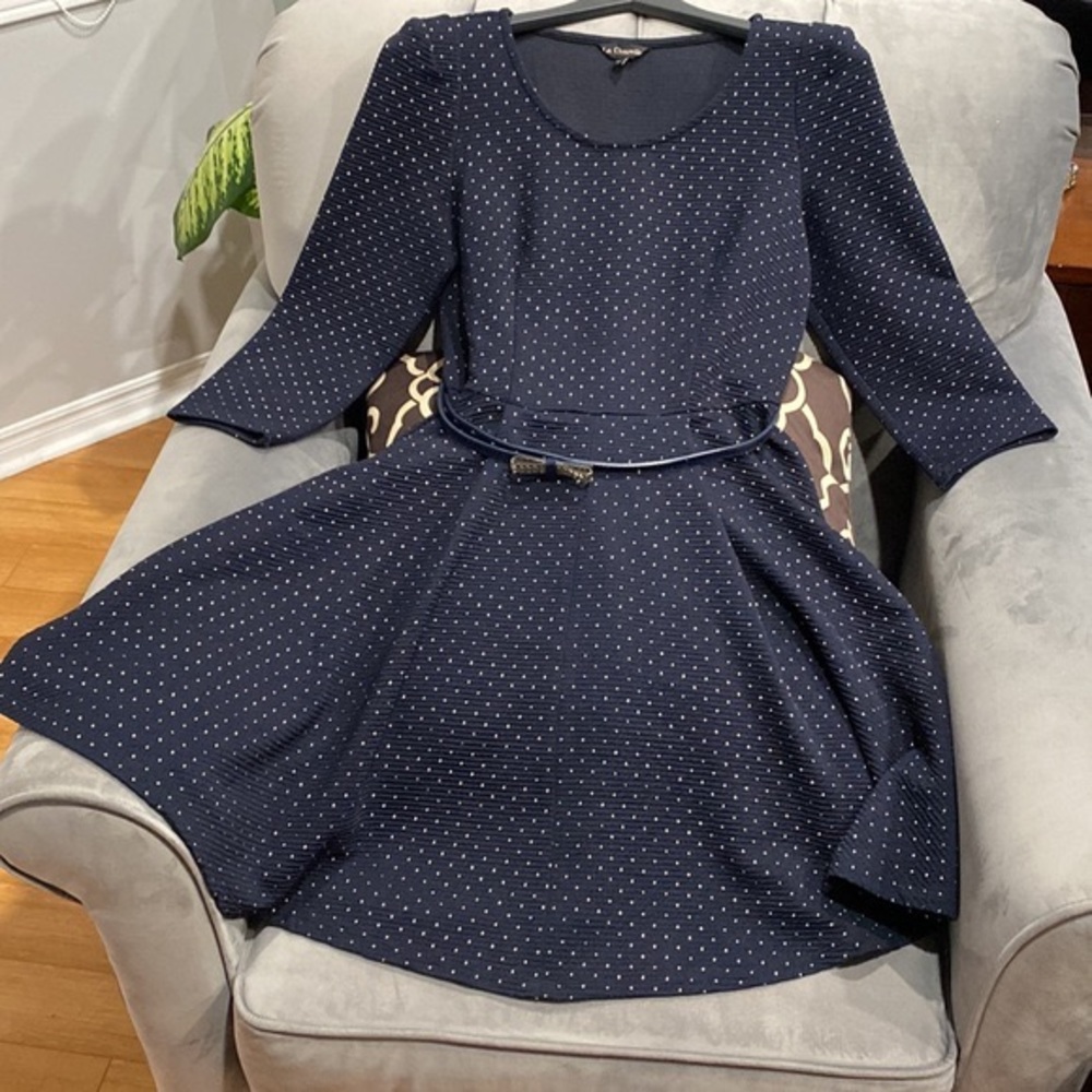 Unique Shoulder Pad Navy Pin Dot Dress Three-Quarter Sleeve